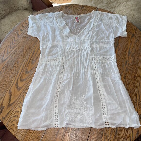 JOHNNIE WAS white short sleeve V-neck mini dress/L - Picture 1 of 6